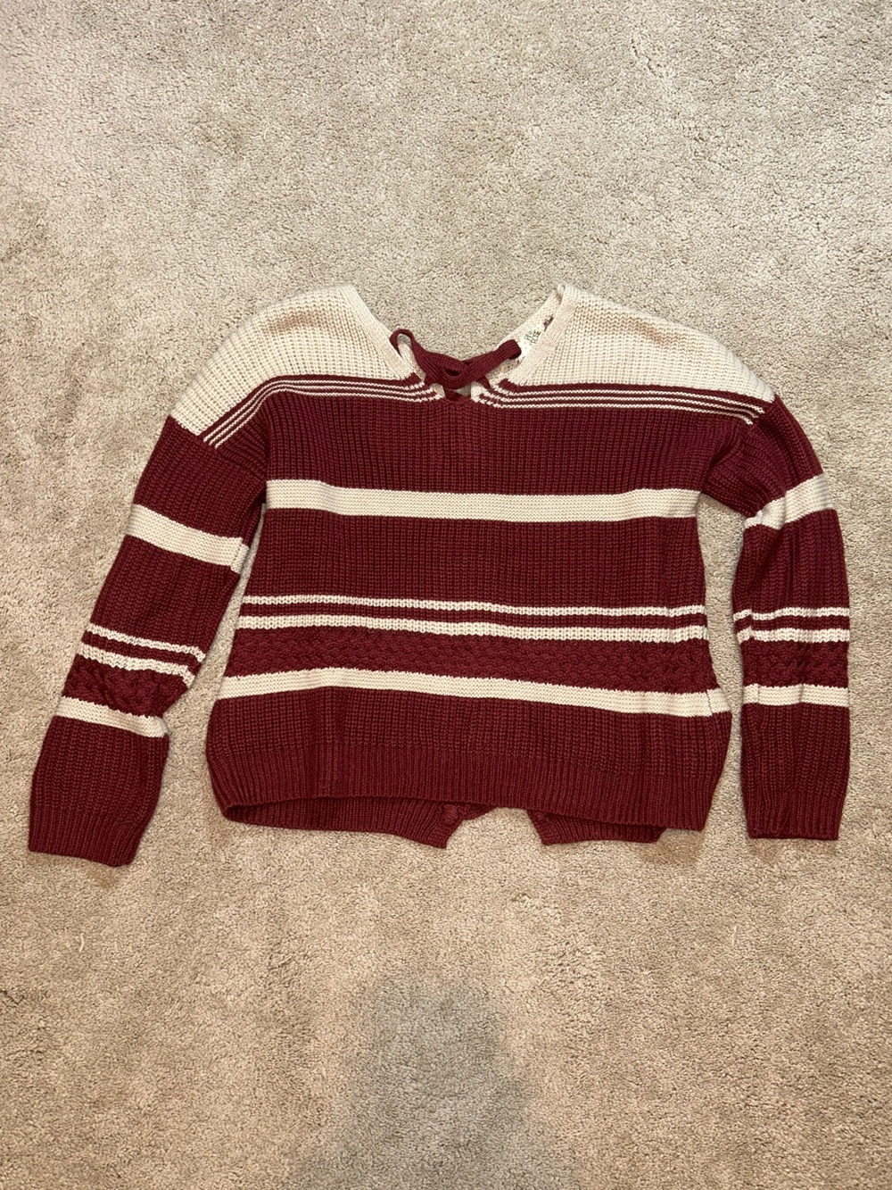 Pink Rose V-Neck Striped Maroon and Cream Knit Sweater